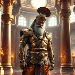 A dignified depiction of Bhishma, the revered elder of the Kuru dynasty, standing in a grand Raj Mahal (royal palace)