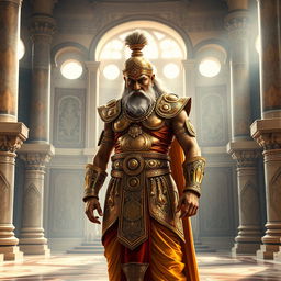 A dignified depiction of Bhishma, the revered elder of the Kuru dynasty, standing in a grand Raj Mahal (royal palace)