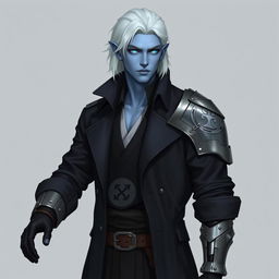A tall Drow man, 26 years old, with medium-length snow-white hair and striking glowing blue irises contrasting against his neutral blue skin