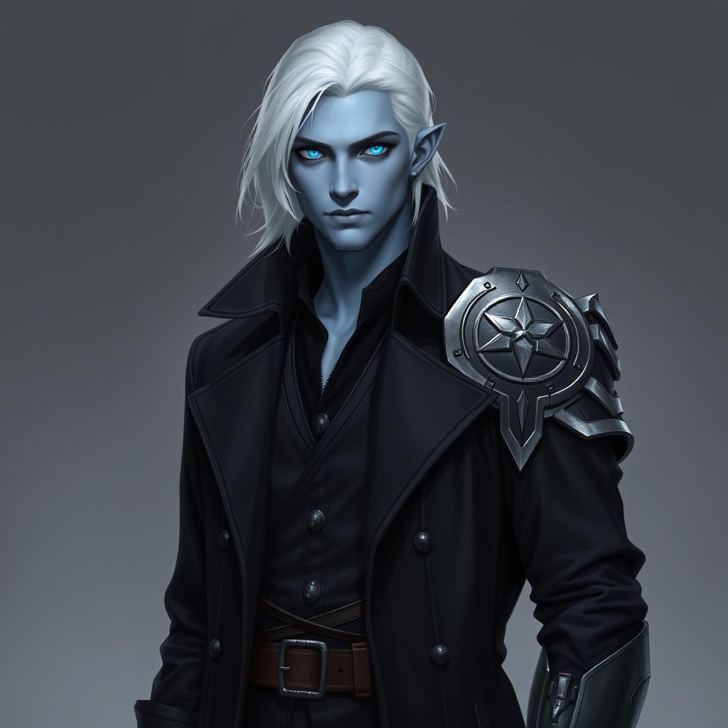 A tall Drow man, 26 years old, with medium-length snow-white hair and striking glowing blue irises contrasting against his neutral blue skin