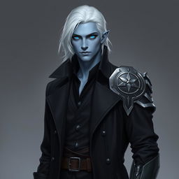 A tall Drow man, 26 years old, with medium-length snow-white hair and striking glowing blue irises contrasting against his neutral blue skin