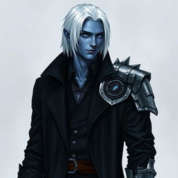 A tall Drow man, 26 years old, with medium-length snow-white hair and striking glowing blue irises contrasting against his neutral blue skin