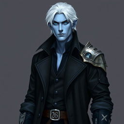 A tall Drow man, 26 years old, with medium-length snow-white hair and striking glowing blue irises contrasting against his neutral blue skin