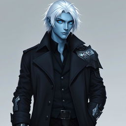 A tall Drow man, 26 years old, with medium-length snow-white hair and glowing blue irises that strikingly contrast with his neutral blue skin