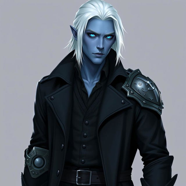 A tall Drow man, 26 years old, with medium-length snow-white hair and glowing blue irises that strikingly contrast with his neutral blue skin