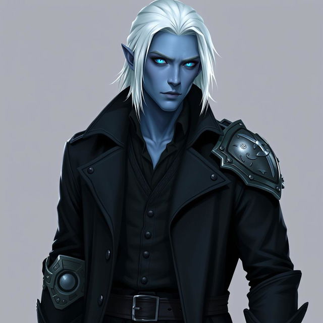 A tall Drow man, 26 years old, with medium-length snow-white hair and glowing blue irises that strikingly contrast with his neutral blue skin