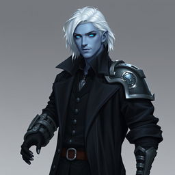 A tall Drow man, 26 years old, with medium-length snow-white hair and glowing blue irises that strikingly contrast with his neutral blue skin