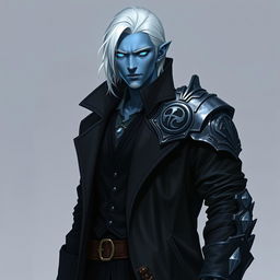 A tall Drow man, 26 years old, with medium-length snow-white hair and glowing blue irises that strikingly contrast with his neutral blue skin