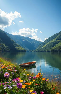 A beautiful, serene landscape depicting a tranquil lake surrounded by lush green mountains