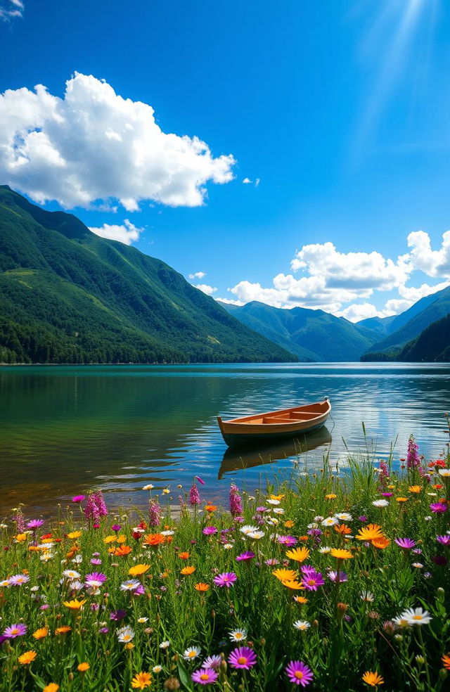 A beautiful, serene landscape depicting a tranquil lake surrounded by lush green mountains