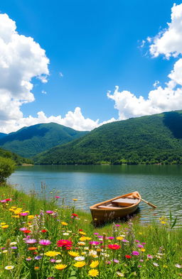 A beautiful, serene landscape depicting a tranquil lake surrounded by lush green mountains