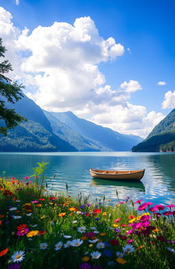 A beautiful, serene landscape depicting a tranquil lake surrounded by lush green mountains