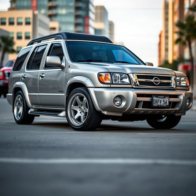 A 2001 Nissan Pathfinder SE R50 in Nissan's KR4 Sonic Silver color, showcasing a sleek and sporty appearance with a 2-inch lowered suspension