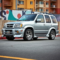 A 2001 Nissan Pathfinder SE R50 in Nissan's KR4 Sonic Silver color, showcasing a sleek and sporty appearance with a 2-inch lowered suspension