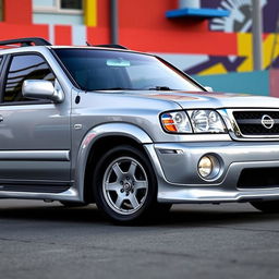 A 2001 Nissan Pathfinder SE R50 in Nissan's KR4 Sonic Silver color, showcasing a sleek and sporty appearance with a 2-inch lowered suspension