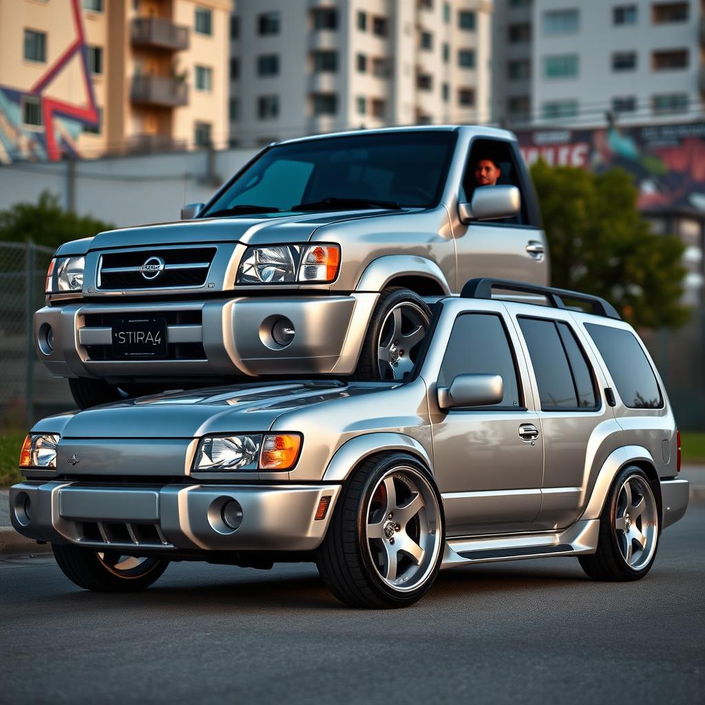 A 2001 Nissan Pathfinder SE R50 in Nissan's KR4 Sonic Silver color, showcasing a sleek and sporty appearance with a 2-inch lowered suspension