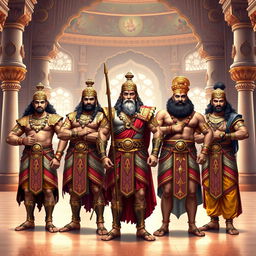 A majestic depiction of the five Pandavas from the Mahabharata standing together in a grand Raj Mahal (royal palace)