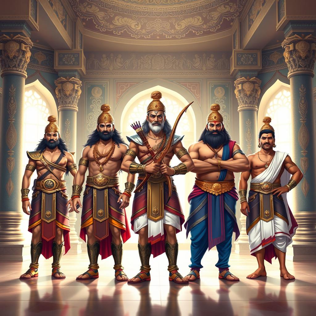 A majestic depiction of the five Pandavas from the Mahabharata standing together in a grand Raj Mahal (royal palace)