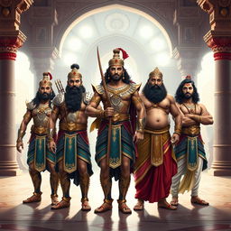 A majestic depiction of the five Pandavas from the Mahabharata standing together in a grand Raj Mahal (royal palace)