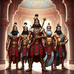 A majestic depiction of the five Pandavas from the Mahabharata standing together in a grand Raj Mahal (royal palace)