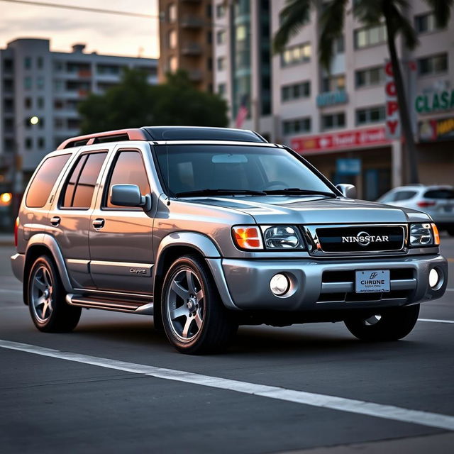 A 2001 Nissan Pathfinder SE R50 in Nissan's KR4 Sonic Silver, featuring a stylish and sporty design with a 2-inch lowered suspension