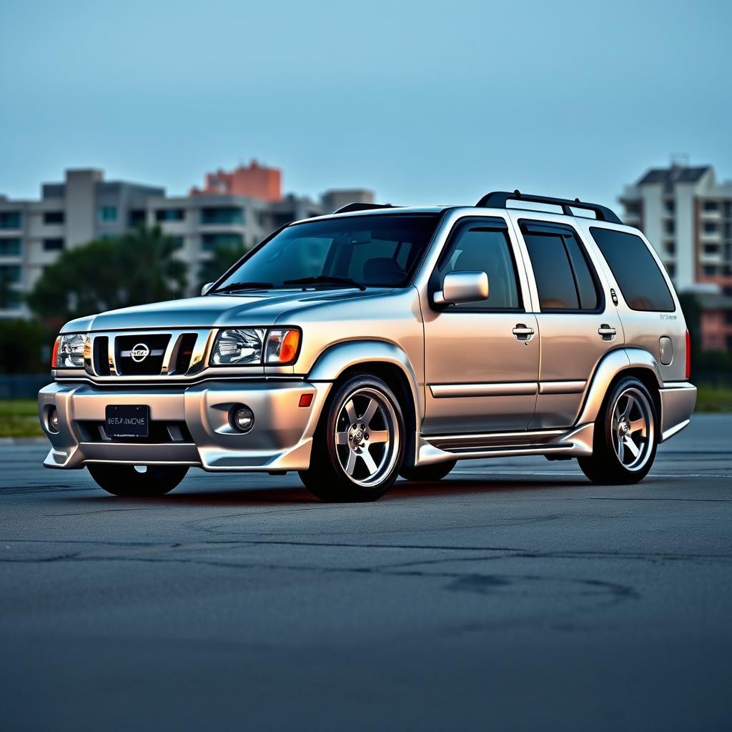 A 2001 Nissan Pathfinder SE R50 in Nissan's KR4 Sonic Silver, featuring a stylish and sporty design with a 2-inch lowered suspension