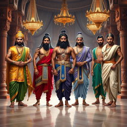 A stunning portrayal of the five Pandavas from the Mahabharata, dressed in exquisite Rajsi (royal) attire, standing together in a grand Raj Mahal (royal palace)
