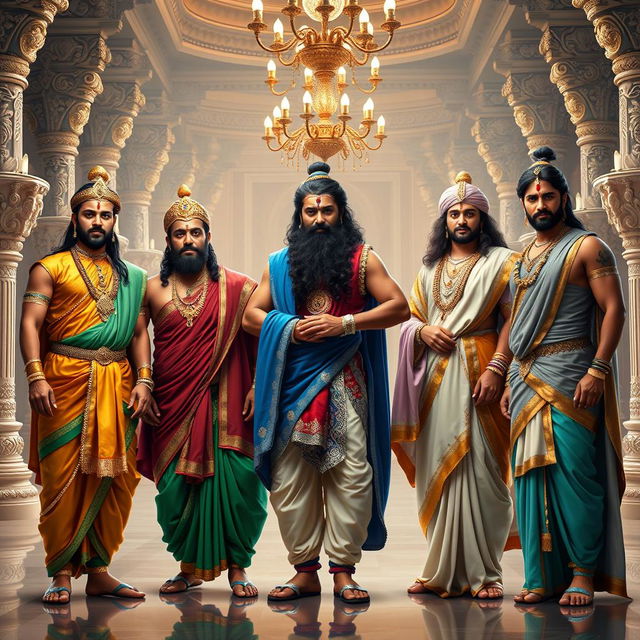 A stunning portrayal of the five Pandavas from the Mahabharata, dressed in exquisite Rajsi (royal) attire, standing together in a grand Raj Mahal (royal palace)