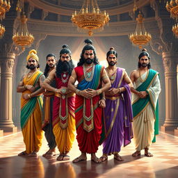 A stunning portrayal of the five Pandavas from the Mahabharata, dressed in exquisite Rajsi (royal) attire, standing together in a grand Raj Mahal (royal palace)