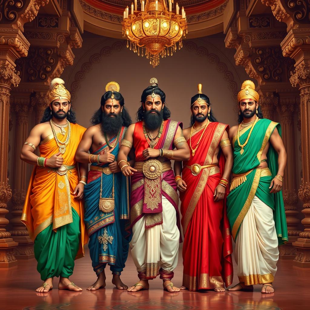 A stunning portrayal of the five Pandavas from the Mahabharata, dressed in exquisite Rajsi (royal) attire, standing together in a grand Raj Mahal (royal palace)