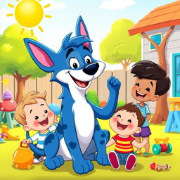 A vibrant, lively illustration of Bandit Heeler, the beloved blue heeler dad character from the animated show Bluey