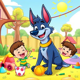 A vibrant, lively illustration of Bandit Heeler, the beloved blue heeler dad character from the animated show Bluey