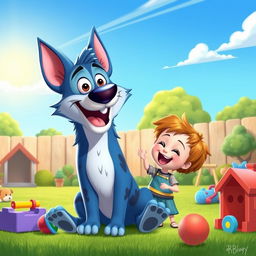 A vibrant, lively illustration of Bandit Heeler, the beloved blue heeler dad character from the animated show Bluey