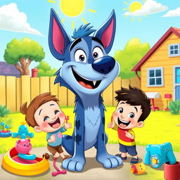 A vibrant, lively illustration of Bandit Heeler, the beloved blue heeler dad character from the animated show Bluey