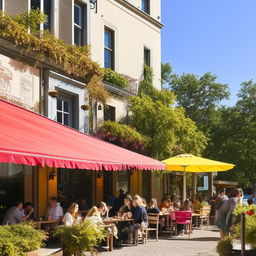 A quaint, bustling cafe exterior on a sunny day, with cozy outdoor seating, brightly colored awnings, and patrons sipping coffee.