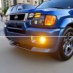 A 2001 Nissan Pathfinder SE R50 painted in Nissan's TV2 Bayside Blue, featuring a sporty look with a 2-inch lowered suspension