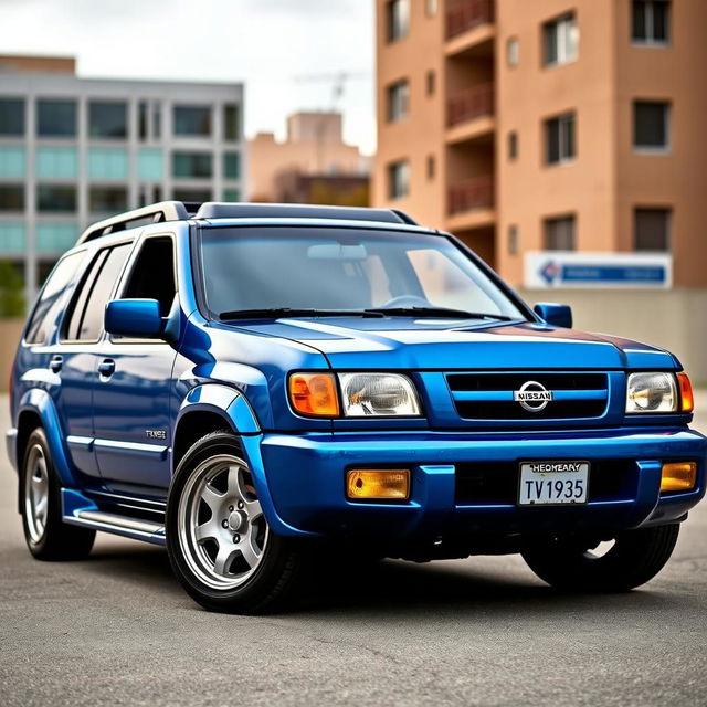 A 2001 Nissan Pathfinder SE R50 painted in Nissan's TV2 Bayside Blue, featuring a sporty look with a 2-inch lowered suspension