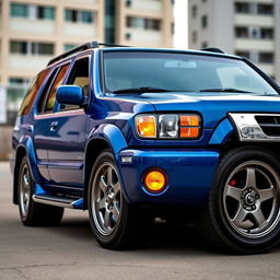 A 2001 Nissan Pathfinder SE R50 painted in Nissan's TV2 Bayside Blue, featuring a sporty look with a 2-inch lowered suspension