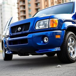 A 2001 Nissan Pathfinder SE R50 painted in Nissan's TV2 Bayside Blue, featuring a sporty look with a 2-inch lowered suspension