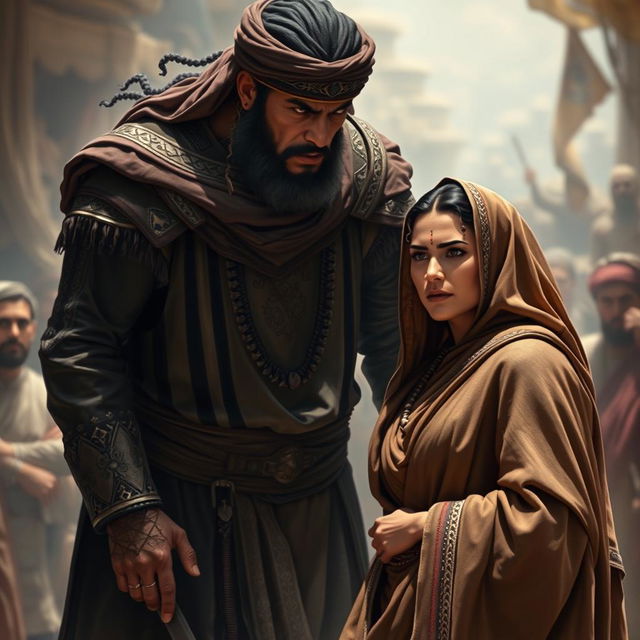 A tense and dramatic scene featuring Abu Jahal, a powerful figure in ancient times, looming over Sumayyah, who stands resolute and defiant despite the threat