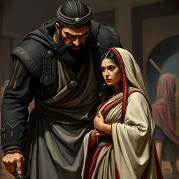 A tense and dramatic scene featuring Abu Jahal, a powerful figure in ancient times, looming over Sumayyah, who stands resolute and defiant despite the threat