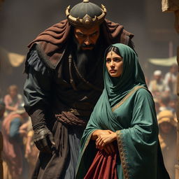 A tense and dramatic scene featuring Abu Jahal, a powerful figure in ancient times, looming over Sumayyah, who stands resolute and defiant despite the threat