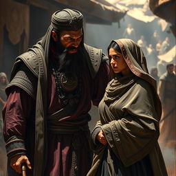 A tense and dramatic scene featuring Abu Jahal, a powerful figure in ancient times, looming over Sumayyah, who stands resolute and defiant despite the threat
