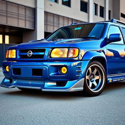 A 2001 Nissan Pathfinder SE R50, stunningly painted in Nissan's TV2 Bayside Blue, featuring a sporty appearance with a 2-inch lowered suspension