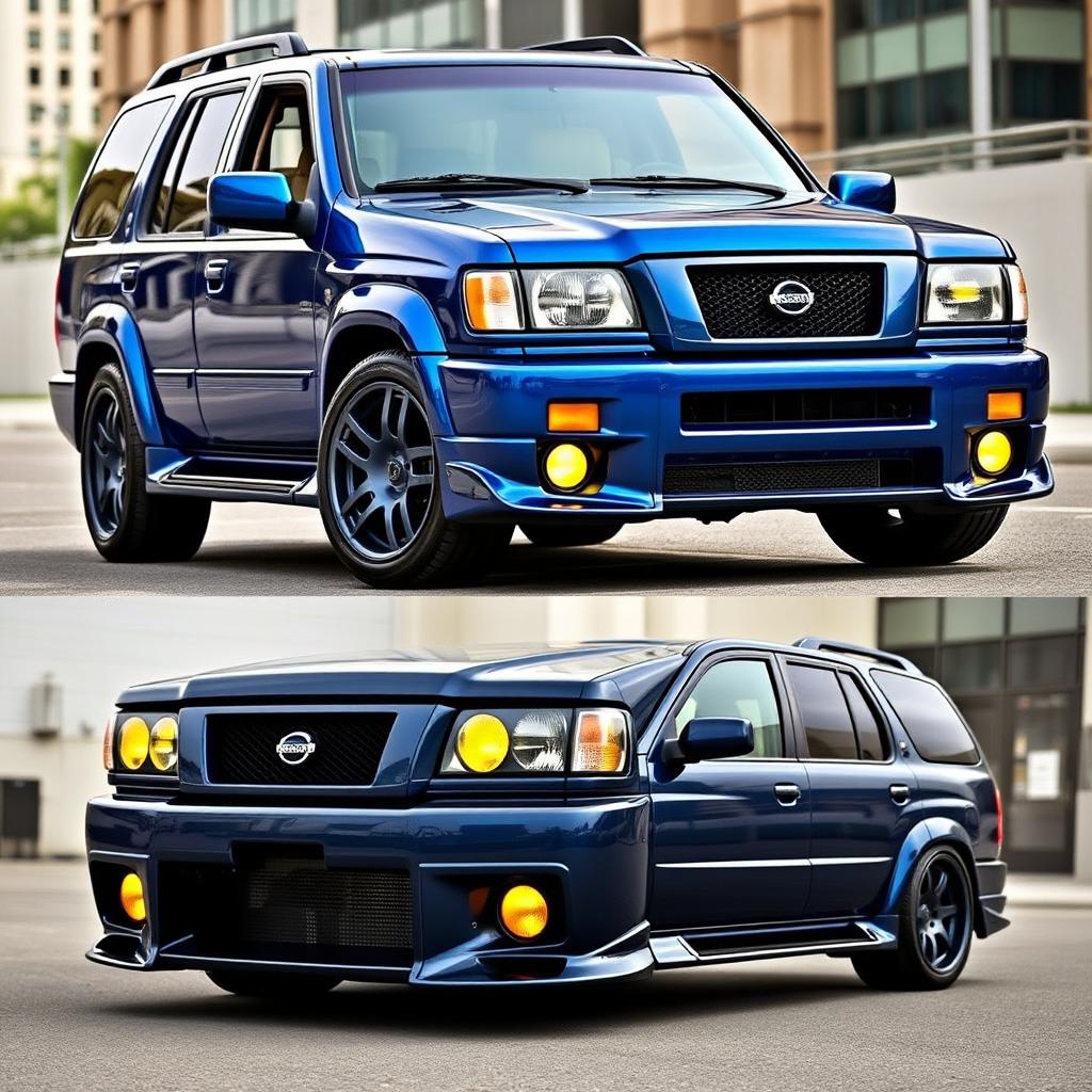 A 2001 Nissan Pathfinder SE R50, stunningly painted in Nissan's TV2 Bayside Blue, featuring a sporty appearance with a 2-inch lowered suspension