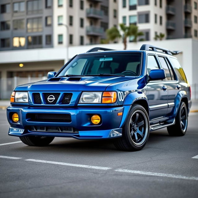 A 2001 Nissan Pathfinder SE R50, stunningly painted in Nissan's TV2 Bayside Blue, featuring a sporty appearance with a 2-inch lowered suspension