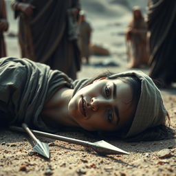 A poignant and dramatic scene focusing on Sumayyah in her final moments, having succumbed to a grievous wound from a spear