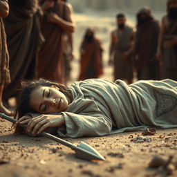 A poignant and dramatic scene focusing on Sumayyah in her final moments, having succumbed to a grievous wound from a spear