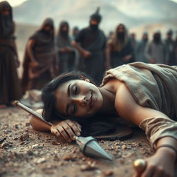 A poignant and dramatic scene focusing on Sumayyah in her final moments, having succumbed to a grievous wound from a spear