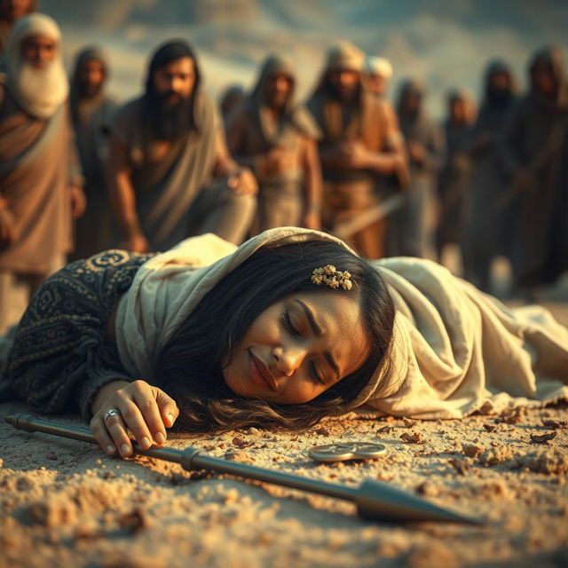 A poignant and dramatic scene focusing on Sumayyah in her final moments, having succumbed to a grievous wound from a spear